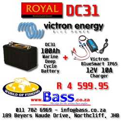 12V 10A Victron IP65 BlueSmart Charger PLUS Royal DC31 Marine Deep Cycle Battery Combo