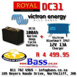 12V 13 A Victron IP67 BlueSmart Charger PLUS Royal DC31 Marine Deep Cycle Battery Combo