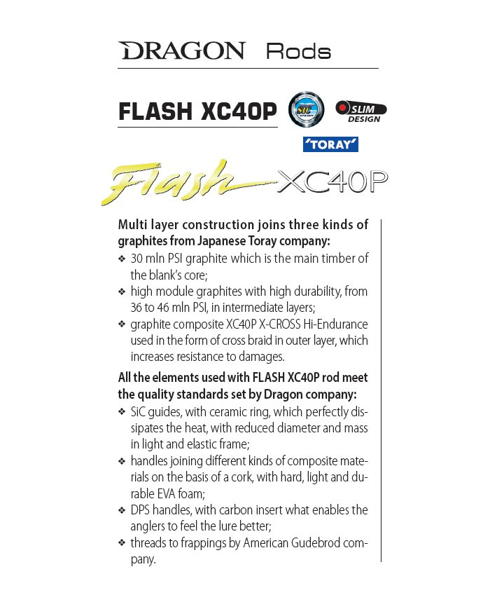 DRAGON FLASH XC40P One Jerk 60 FAST 1.98 m 6.6ft 40-60g g  1.5-2oz 1 PIECE CASTING ROD