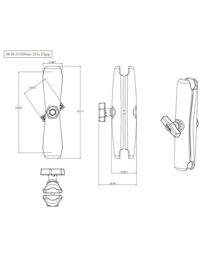 RAM DBL SOCKET C BALL D LENGTH LONG ARM