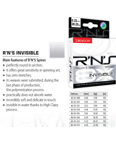 Dragon R’N’S Spinn Invisible Round & Silent 0.25mm 22.9kg 50lb 8 X Braid 150m White Dragon R’N’S Spinn Invisible Round & Silent 0.25mm 22.9kg 50lb 8 X Braid 150m White