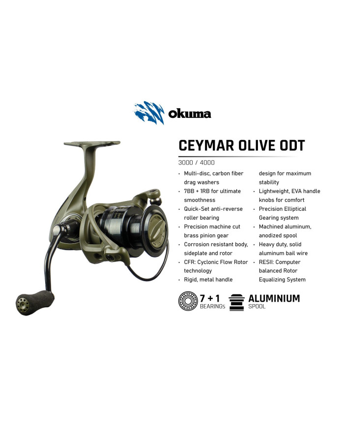 Okuma Ceymar ODT-3000A Olive Front Drag Spinning Reel