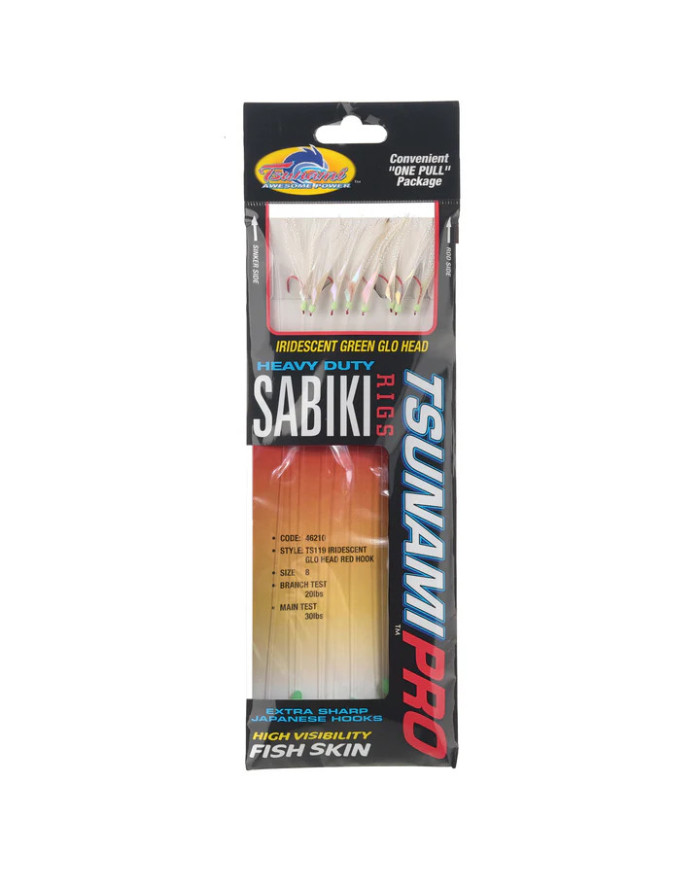 Tsunami Sabiki Rig TS119 Iridescent Glo Head Red Hook Size 8 Tsunami Sabiki Rig TS119 Iridescent Glo Head Red Hook Size 8