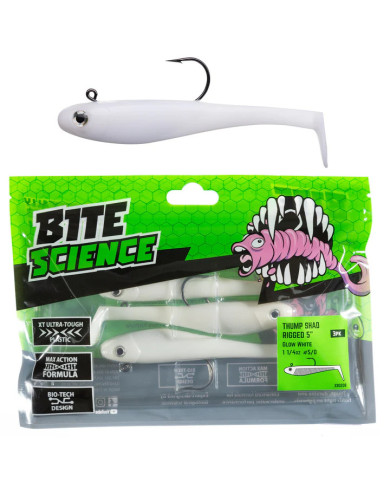 Bite Science Thump Shad Rigged Glow White 5in Bite Science Thump Shad Rigged Glow White 5in