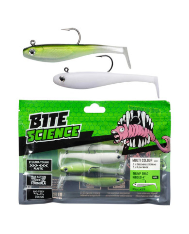 Bite Science Thump Shad Rigged Multi - Greenback Herring & Glow White 4in Bite Science Thump Shad Rigged Multi - Greenback Herring & Glow White 4in