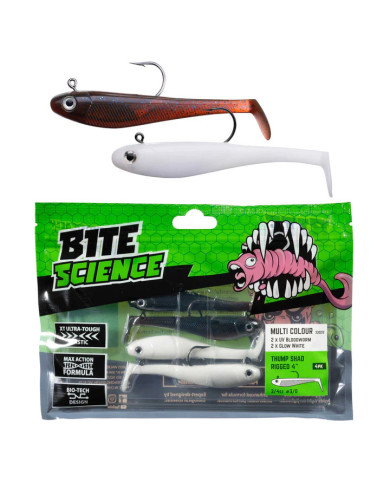 Bite Science Thump Shad Rigged Multi - UV Bloodworm & Glow White 4in Bite Science Thump Shad Rigged Multi - UV Bloodworm & Glow White 4in