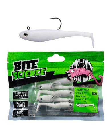 Bite Science Thump Shad Rigged Glow White 3in Bite Science Thump Shad Rigged Glow White 3in