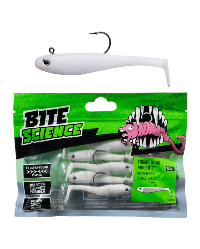 Bite Science Thump Shad Rigged Glow White 3in Bite Science Thump Shad Rigged Glow White 3in
