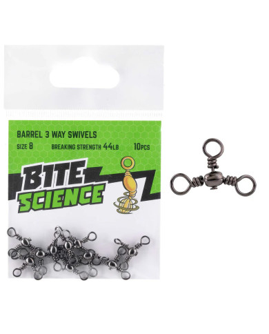 Bite Science 3 way (inline) Barrel Swivels Size 8 44lb 10pc Bite Science 3 way (inline) Barrel Swivels Size 8 44lb 10pc