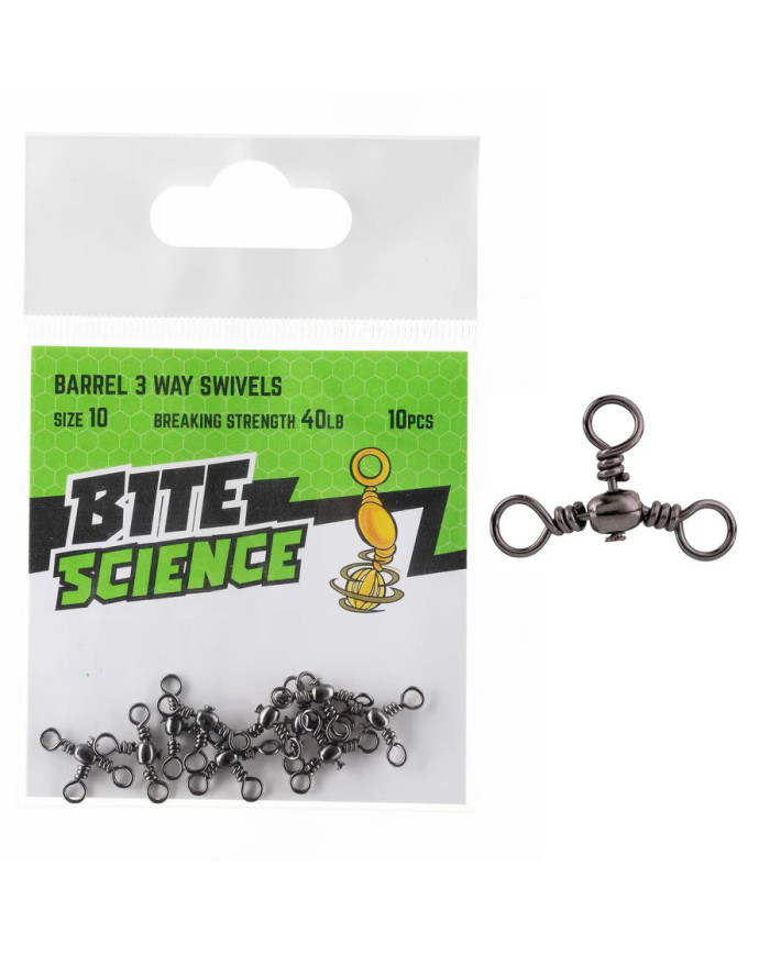 Bite Science 3 way (inline) Barrel Swivels Size 10 40lb 10pc