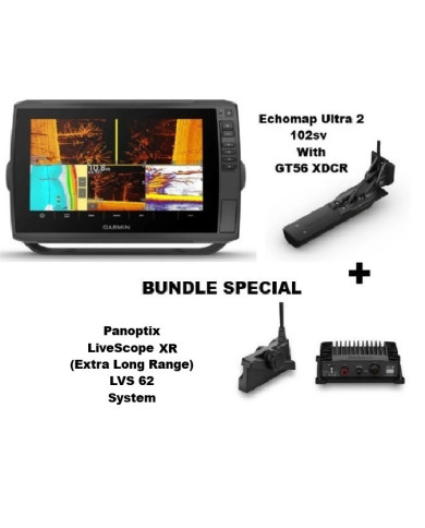 Garmin Echomap Ultra2 102sv w GT56 Xdcr & Panoptix LiveScope XR LVS 62 Bundle Garmin Echomap Ultra2 102sv w GT56 Xdcr & Panoptix LiveScope XR LVS 62 Bundle
