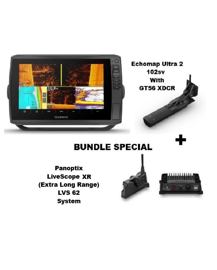 Garmin Echomap Ultra2 102sv w GT56 Xdcr & Panoptix LiveScope XR LVS 62 Bundle Garmin Echomap Ultra2 102sv w GT56 Xdcr & Panoptix LiveScope XR LVS 62 Bundle