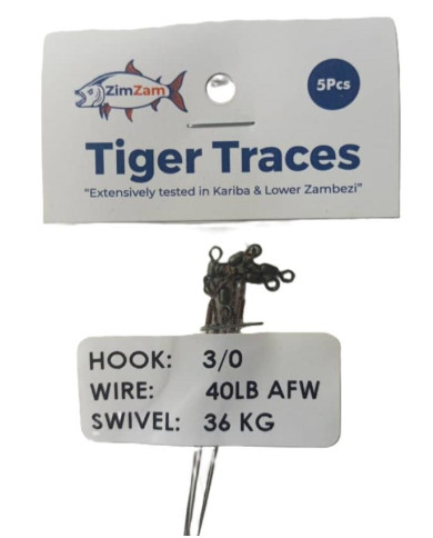 Zim Zam Tiger Traces 30lb AFW 5/0 Strait Shank 30cm 5pc