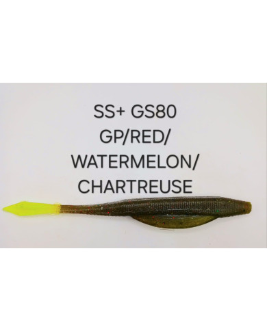 Itty's GS80 SS+ (Heavy Tail Fluke Jr) Green Pumpkin Red/Watermelon Chartreuse 4in