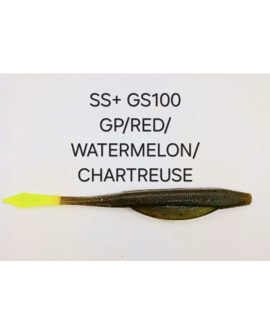 Itty's GS100 SS+ (Heavy Tail Fluke) Green Pumpkin Red/ Watermelon Chartreuse 4.75in