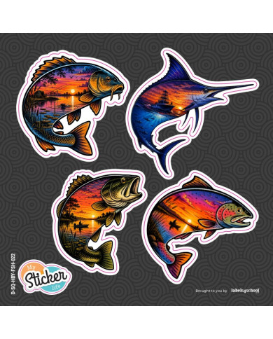 My Sticker Life  - Mix Pack x4 - Bass, Carp, Trout and Marlin (022) 5cm(H) x 5cm(L) Stickers