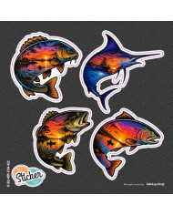 My Sticker Life  - Mix Pack x4 - Bass, Carp, Trout and Marlin (022) 5cm(H) x 5cm(L) Stickers