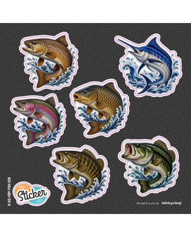 My Sticker Life  - Mix Pack x6 - LM Bass, SM Bass, Carp, RB Trout, BRN Trout and Marlin (022) 3.5cm(H) x 3.5cm(L) Stickers