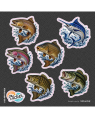 My Sticker Life  - Mix Pack x6 - LM Bass, SM Bass, Carp, RB Trout, BRN Trout and Marlin (022) 3.5cm(H) x 3.5cm(L) Stickers