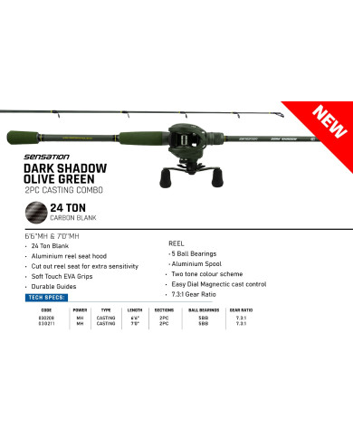 Sensation Dark Shadow 2 7ft MH 2 Piece - 7.0:1 Olive Green Baitcaster Combo