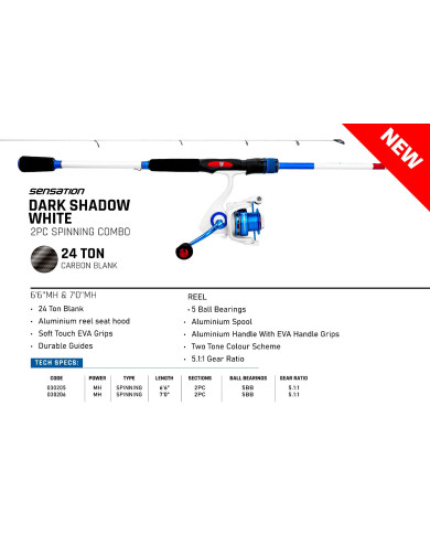 Sensation Dark Shadow 2 7ft MH 2 Piece - 5.1:1 White Spinning Combo