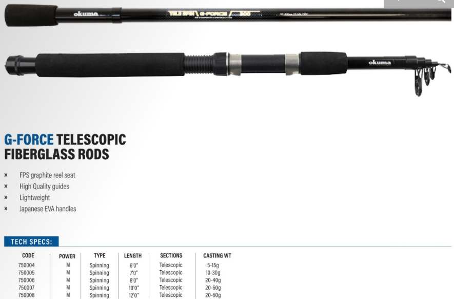 Okuma G Force Telespin Telescopic Spinning Rods