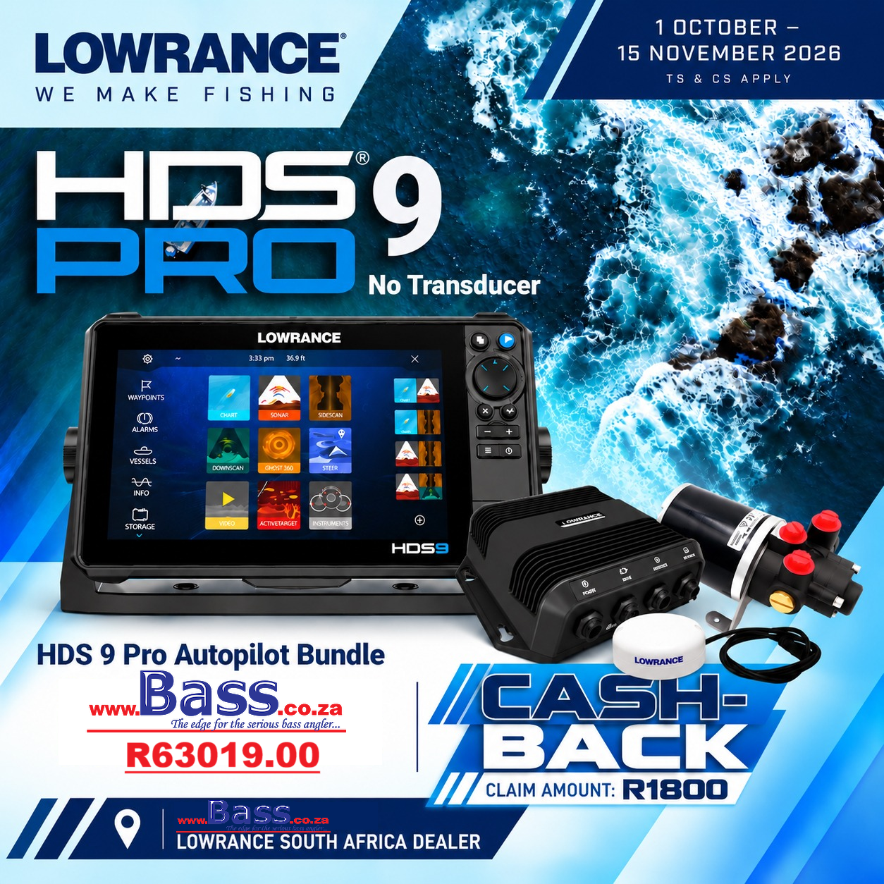 LOWRANCE HDS PRO W HYDRAULIC OUTBOARD AUTO PILOT KIT ON CASH BACK REBATE SPECIAL